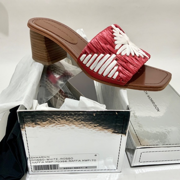 Sigerson Morrison Marnin Red White Brown Leather Heeled Slide Sandals Mules  8 - Picture 6 of 10